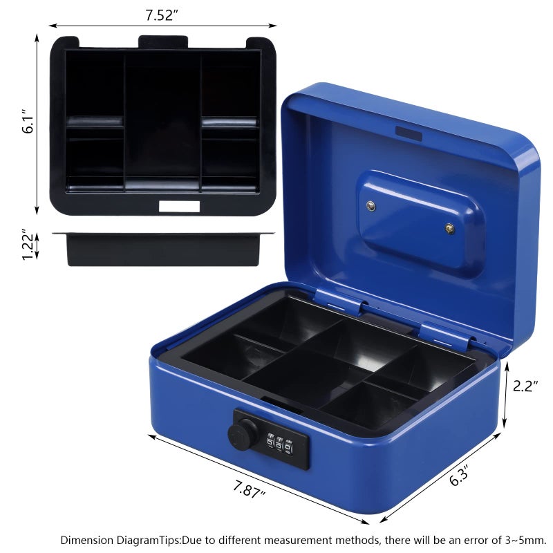 KYODOLED Cash Box with Combination Lock,Safe Metal Box for Money,Storage Lock Box with Money Tray,7.87"x 6.30"x 3.54" Blue Medium - Image 3